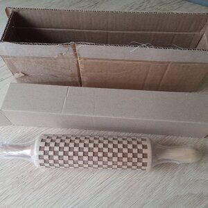 New in box Mackenzie Childs carved wooden rolling pin in Courtly Check